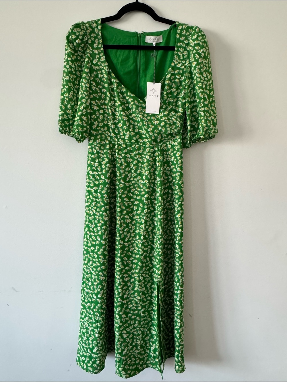 Wayf Green Floral Midi Dress with Puff Sleeves